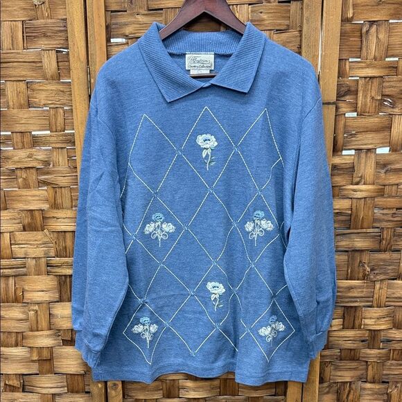 Vintage Tradition Country Collection Blue Floral print Sweater Sz XL - Picture 1 of 5